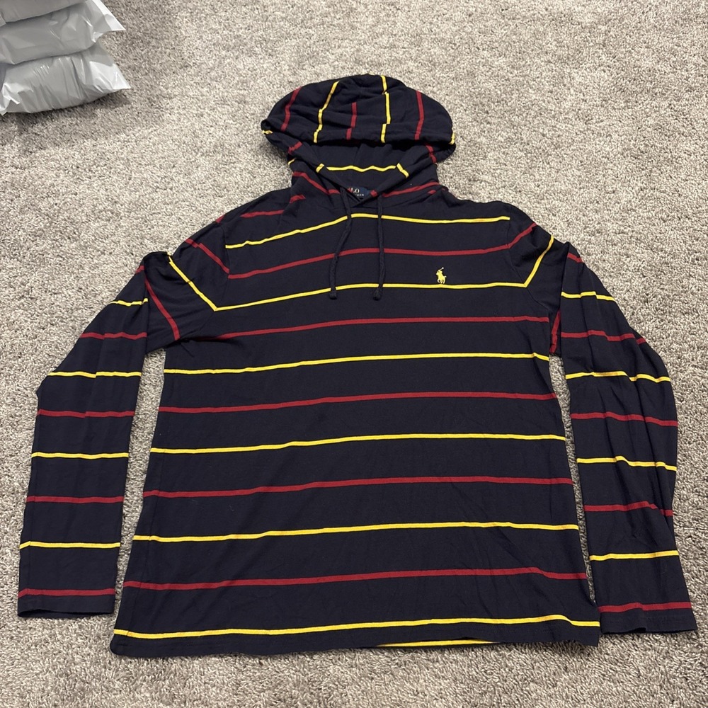 Polo Ralph Lauren Hoodie Mens Large Multi Striped Lightweight Cotton Shirt Blue